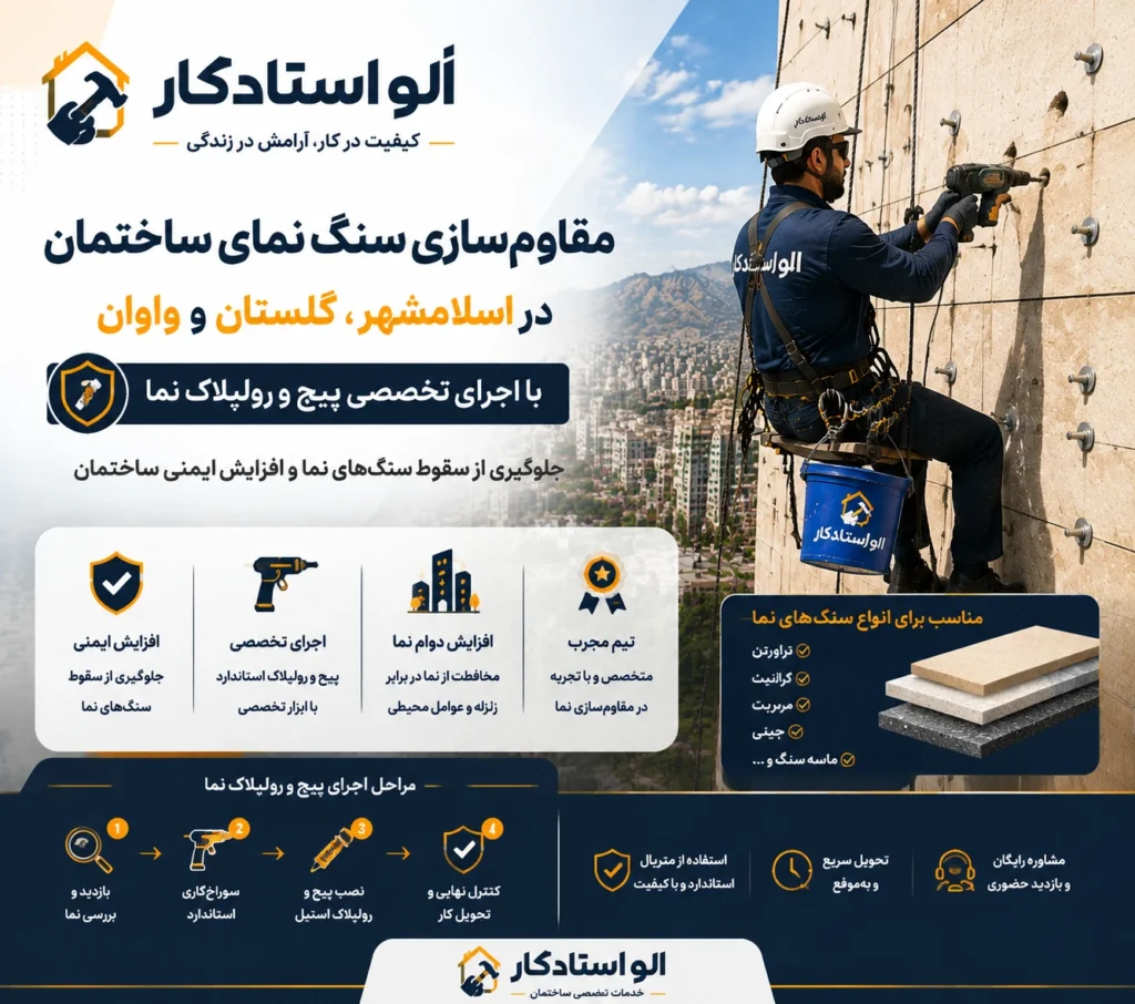 مقاومسازی سنگ نمای ساختمان در اسلامشهر، گلستان و واوان با پیچ و رولپلاک نما
